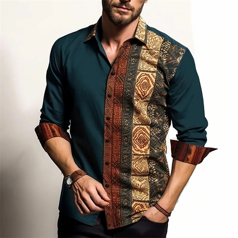 Camisa de manga comprida xadrez listras masculina, gola geométrica em pé, roupa de rua ao ar livre, moda casual