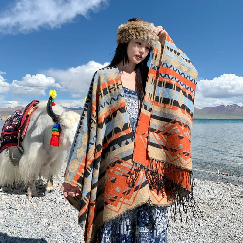 Poncho New Split Warm Shawl Vintage Ethnic Style Scarf Imitation Cashmere Tassel Women Cape Lady Cloak Warm Coat