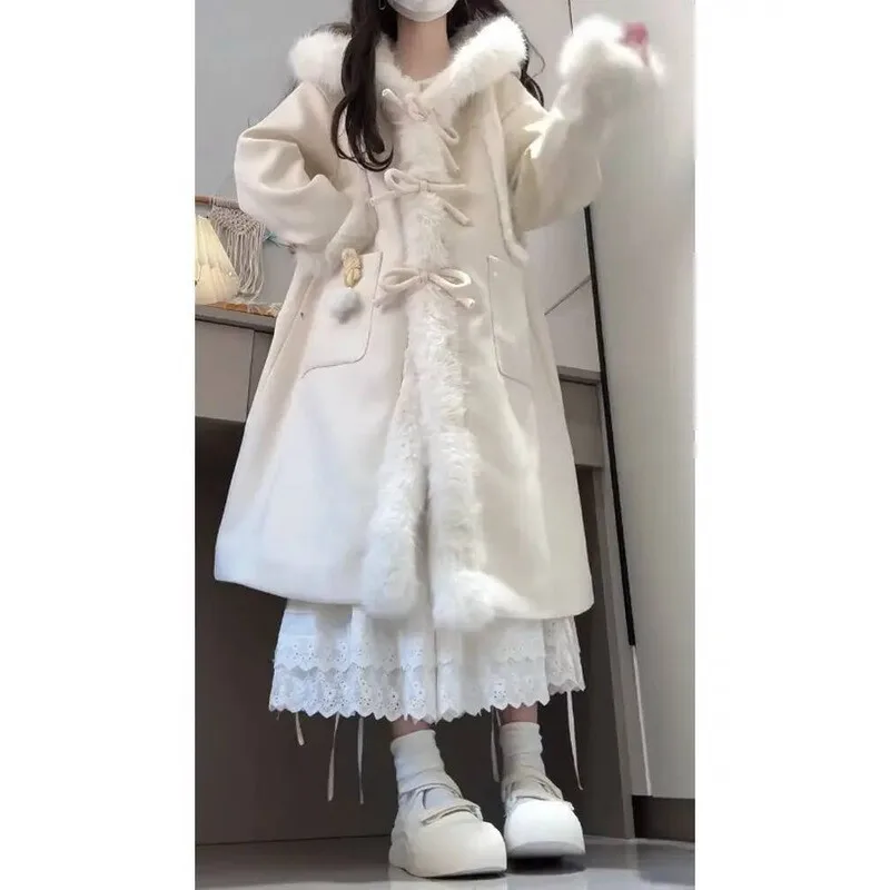 

Sweet Preppy Style Woolen Coat With Hood Fur Collar Bow-Tie Button Splicing Plush Outerwear