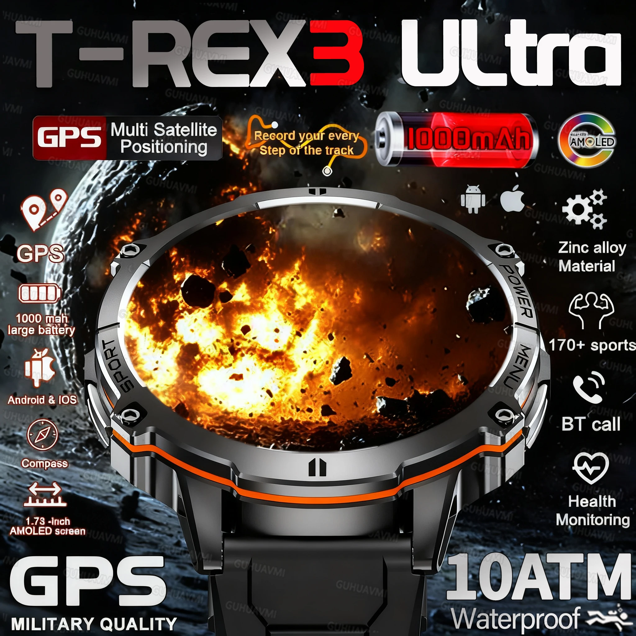 2025 T-REX3 HOT New 170+Sport SmartWatch 1000mAh Large Battery Durable Compass 10ATM Waterproof Tactics HD call Smart Watch Men