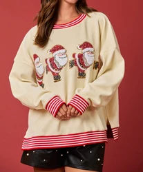 Casual Women's Sweatshirt Y2K Santa Claus Sequin Christmas Sweater Crew-Neck Hoodie Long Sleeve Thick Pullover Jumper Tops