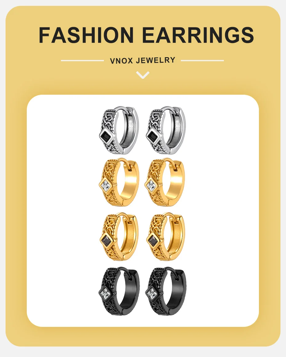 Vnox Vintage geometrische Creolen für Männer und Jungen, Edelstahl-Ohrringe mit weißem und schwarzem Zirkon, 4 mm breit, Punk-Schmuck, Geschenk – Detail 1