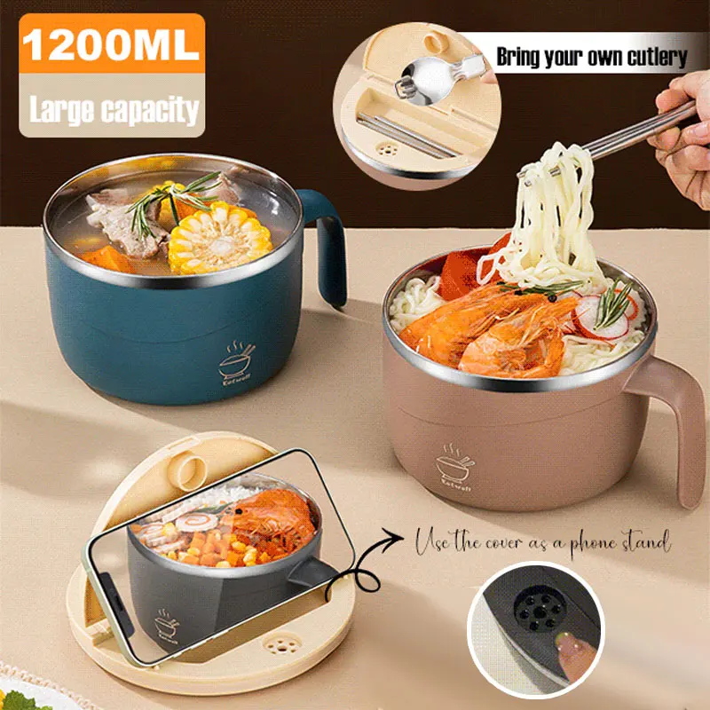 

304 stainless steel instant noodle bowl student dormitory instant noodle cup lunch box insulated lunch box 1200ML with Lid Bowl