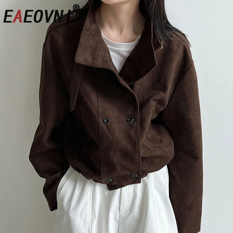 

EAEOVNI винтажная замшевая короткая женская куртка в стиле Майяра с воротником-стойкой и пуговицами, однотонное уличное пальто, новинка осени и зимы