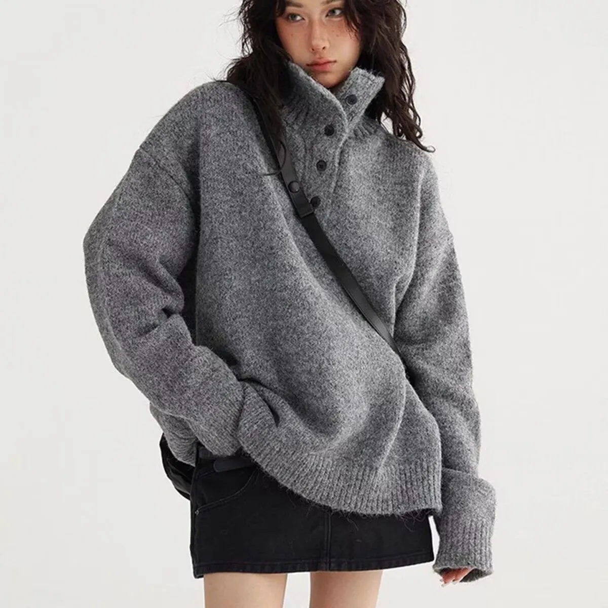 

Korean Gray Turtleneck Knitted Sweater Casual Tops Men Women Autumn Winter Loose Lazy Fashion Solid Vintage Button Streetwear