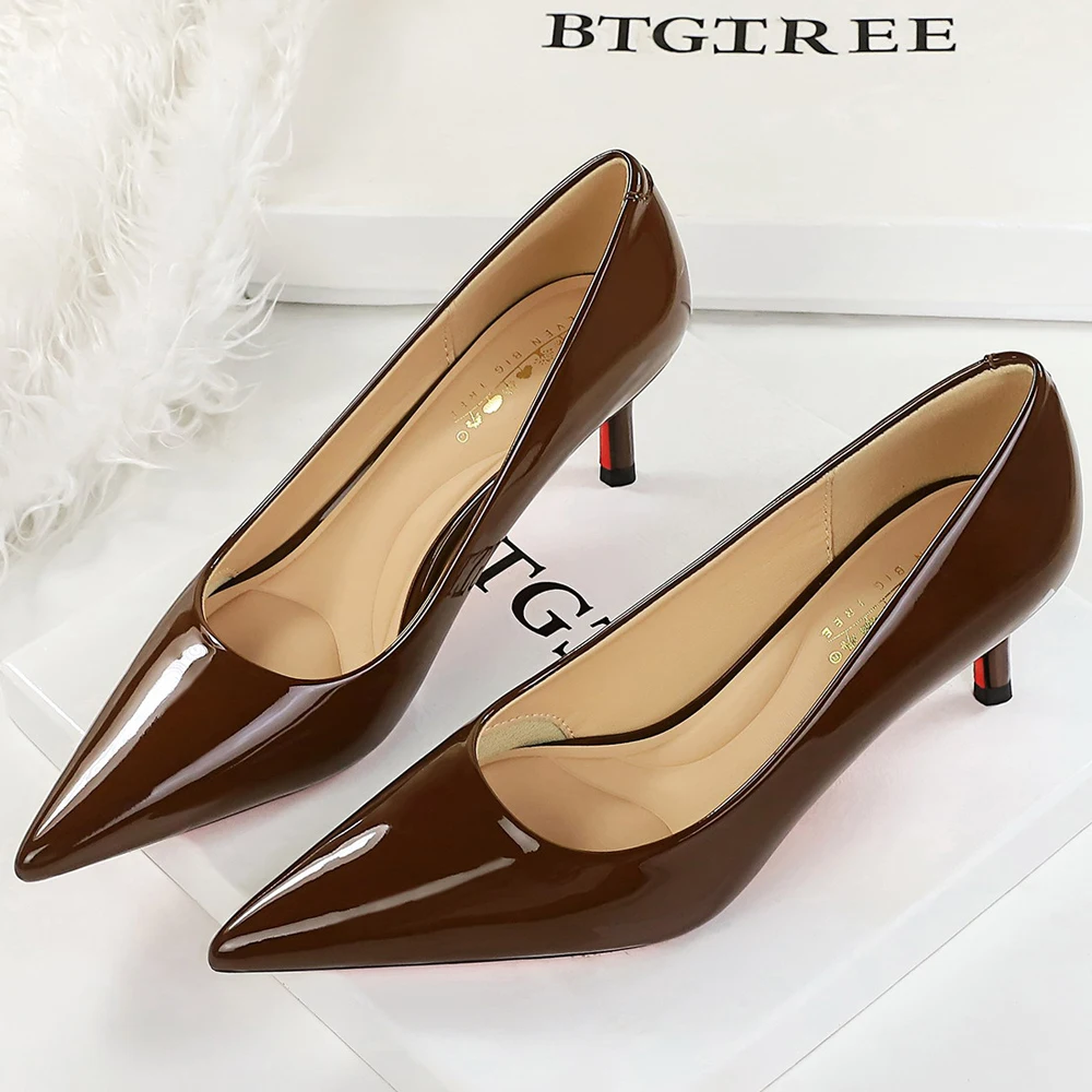 BIGTREE Shoes Women Pumps Breathable Cotton Inside The Toe Design High Heels 6 CM Stiletto Patent Leather Ladies Shoes New