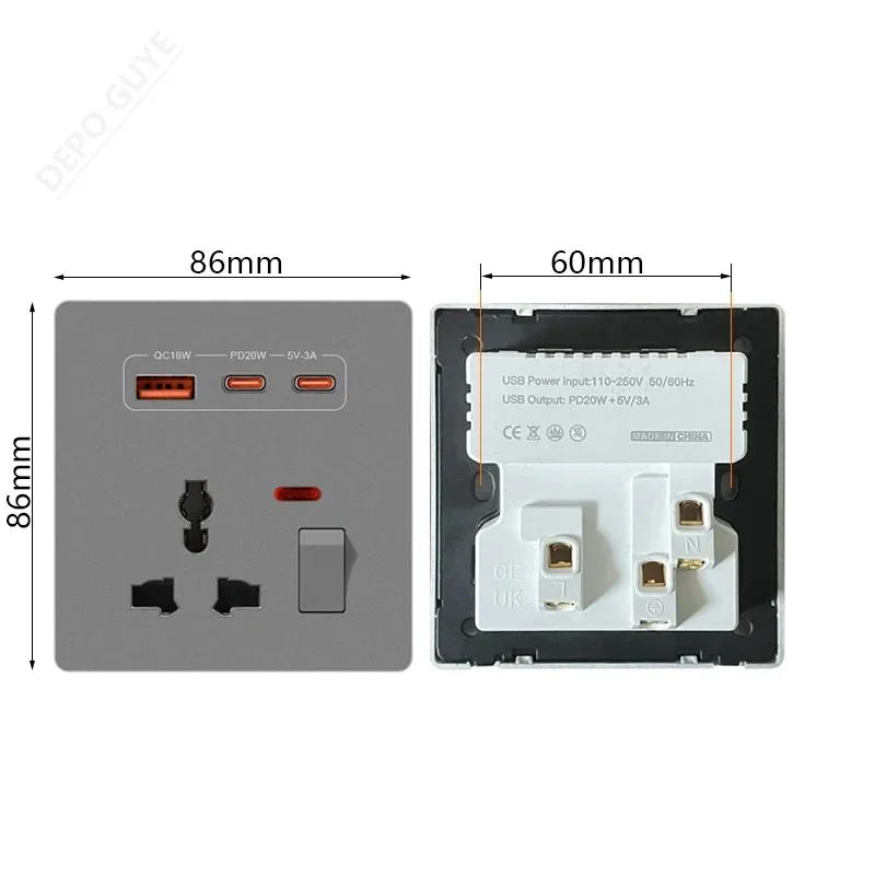 Universal 3Pin Wall Socket With 20W Fast Charging Type-C USB Port,UK Plastic Electrical Wall Dual Type-C Power Outlet AC110-250V view 4