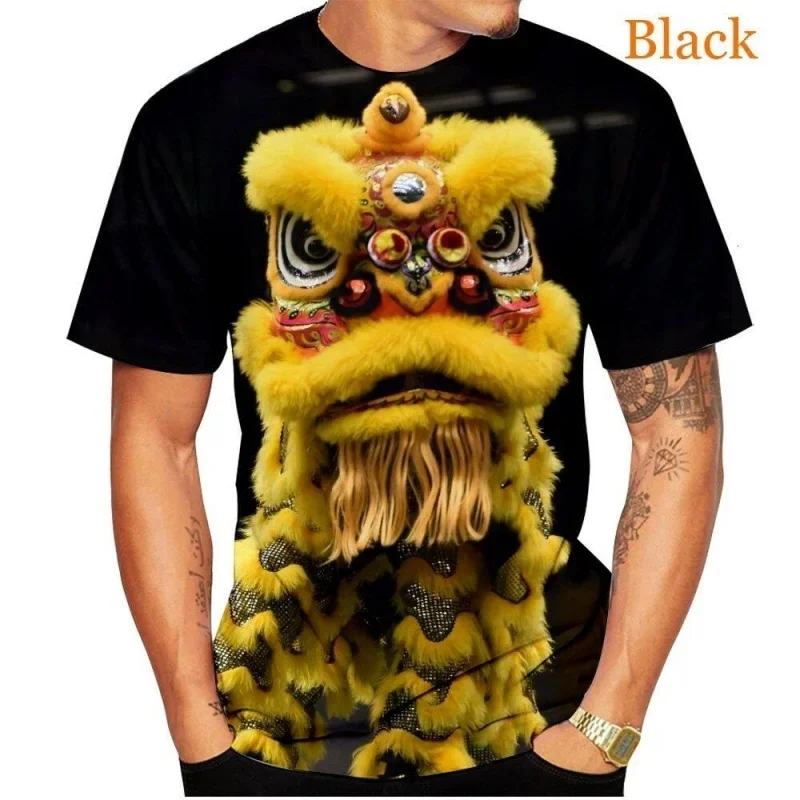 3D Printed Chinese Lion Dance T-Shirt For Men Ethnic Traditions Pattern Tees Casual Loose Round Neck Short Sleeve T Shirts Tops