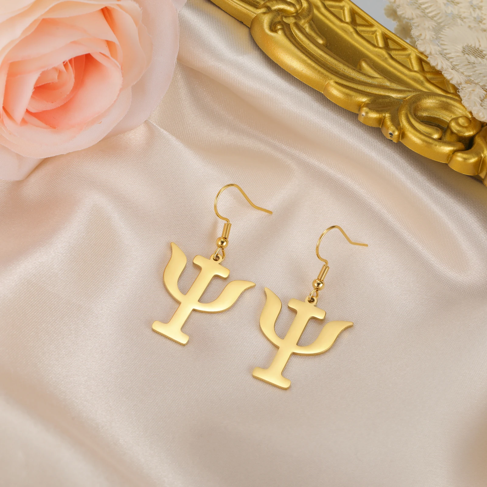 男性と女性のためのシプリスダングルピアス,PSIシンボル,ステンレス鋼ペンダント,ギリシャ文字,ゴールドカラー,クリスマスプレゼント