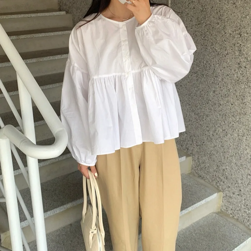 

Loose Fit round Ne Color irt Women's Korean Sle Faionable Spring Top Breathable Comfortable Long Sve Blouse