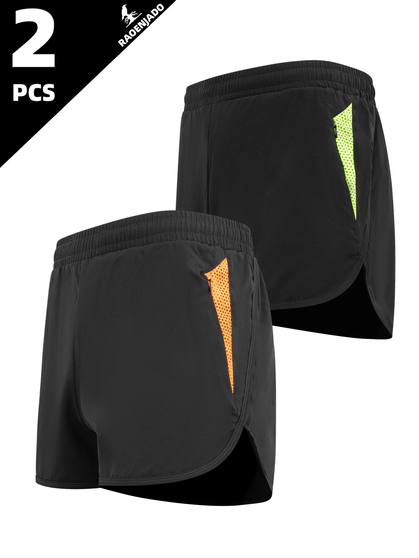 

Men's Running Shorts with Zipper Pockets Elastic waist Black Gym Shorts Breathable Fabric Running Workout Athletic Shorts 2pcs