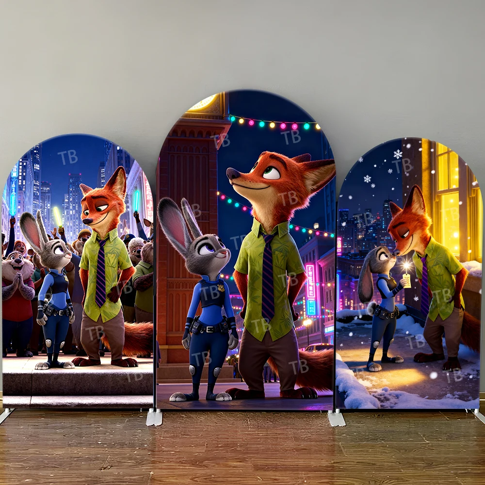 

Zootopia Nick Judy City Night Crowd Celebration Christmas Snow Arch Backdrop Cover Decor Photo Booth Prop for Holiday Kids Party