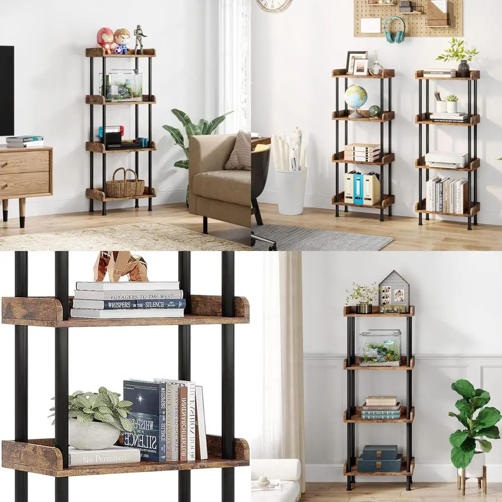 Vintage 4-Tier Wooden Bookshelf, Compact Design for Living Spaces and Bedrooms