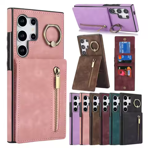 Zipper Leather Case For Samsung Galaxy S25Edge S25 Plus S24 Ultra S23 FE S22 S21 Note20Ultra Wallet Case Phone Cover Ring Buckle