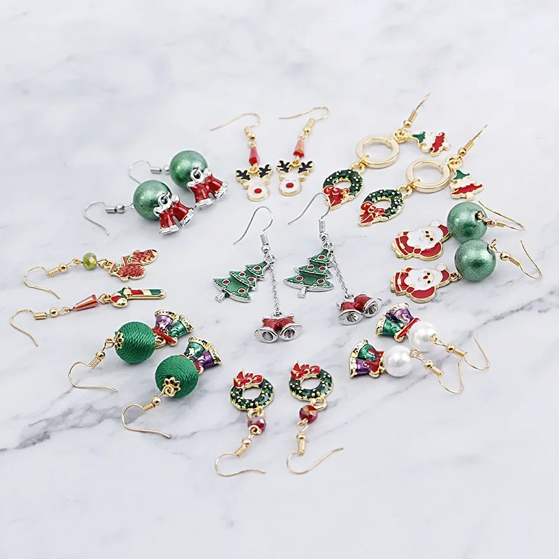 Christmas Creative New Long Oil Drop Earrings Simple and Fresh Reindeer Cane Socks Earrings