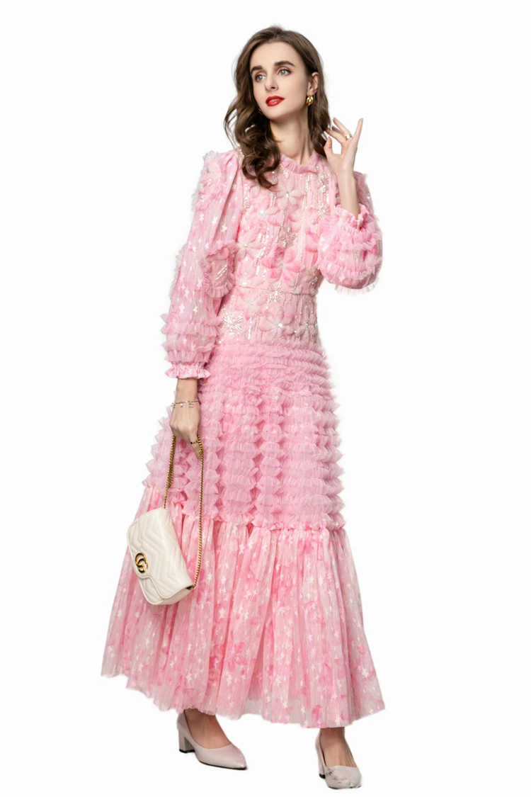 Vestidos femininos o pescoço mangas compridas impresso em camadas babados elegante designer de moda festa vestidos vestido de noite