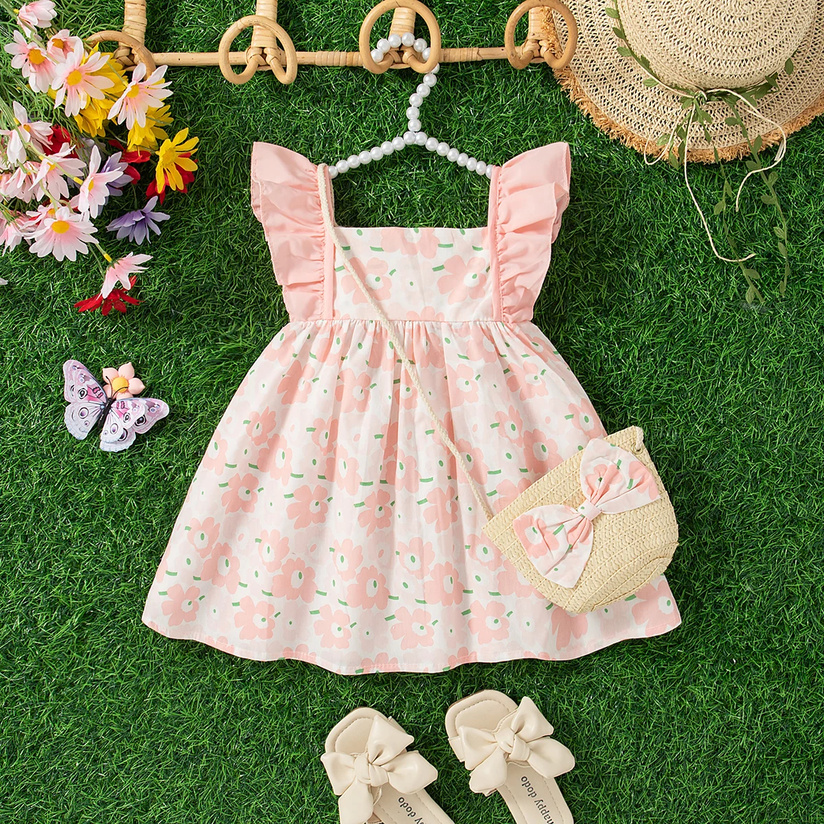 Baby Girl Dress Summer Girl Full Print Flower Cute Princess Dress Girl Beach Dress with Bag