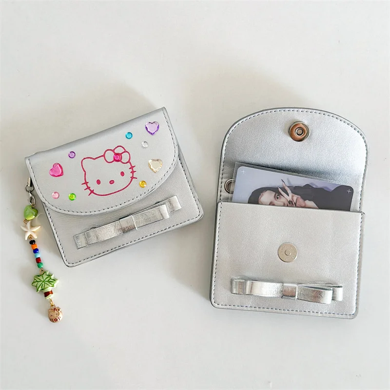 

Sanrioed Kitty Wallet Silver Short Style Coin Purse Simple Storage Card Holder High Capacity Portable Lanyard Christmas Gift