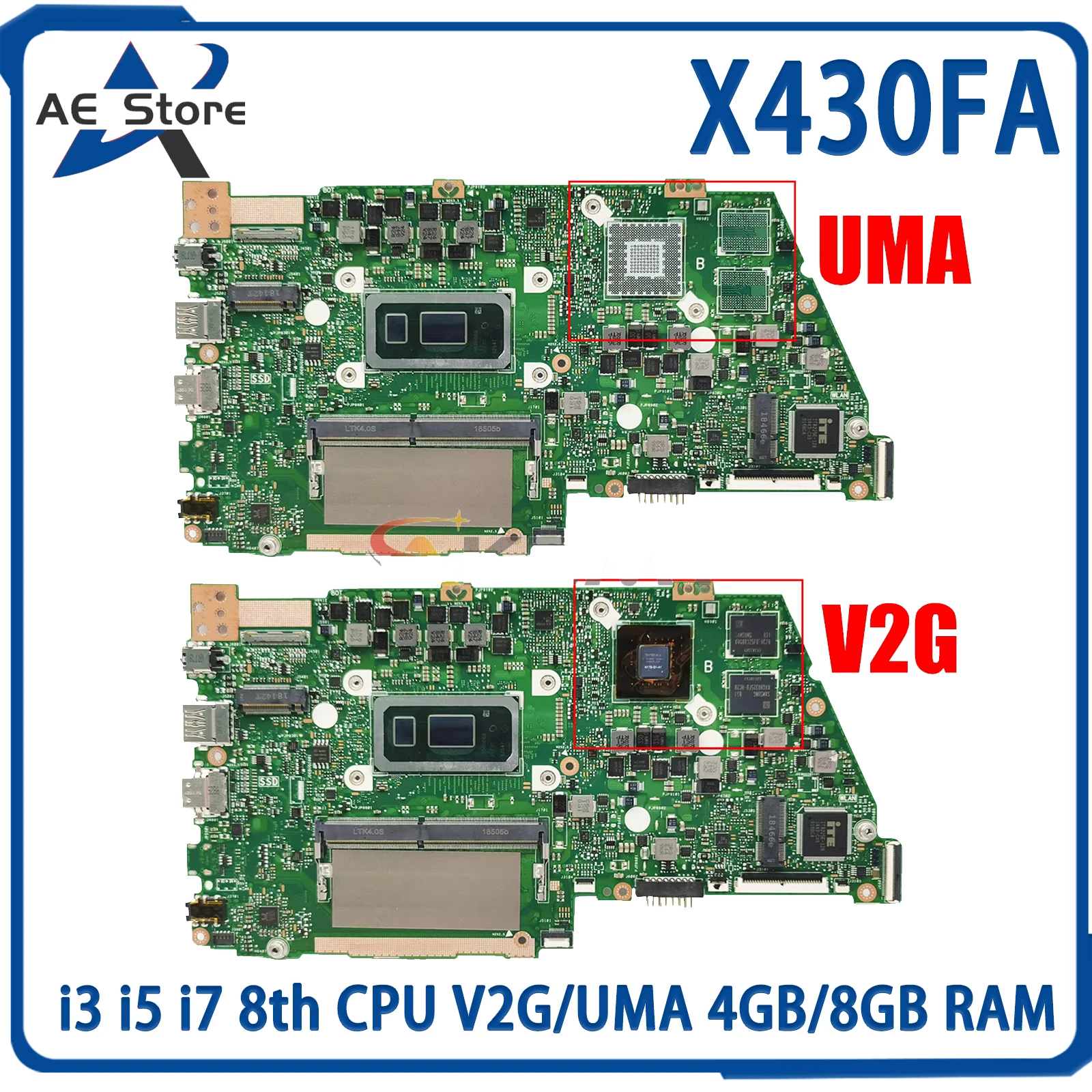 

AE Store X430FA Mainboard For ASUS X430F X430FN S430F K430F R430F S4300F Laptop Motherboard i3 i5 i7 8th CPU V2G/UMA 4GB/8GB RAM