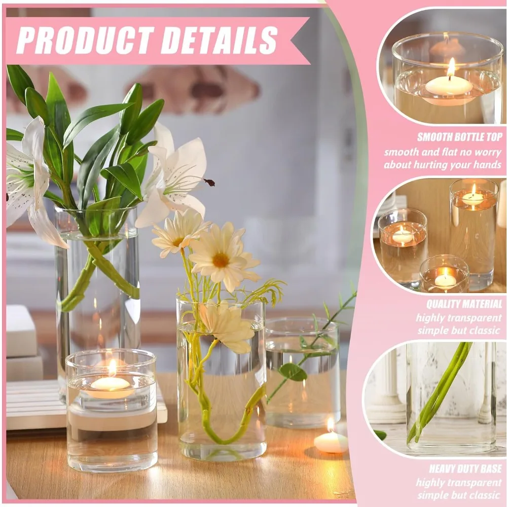 Imagem -04 - Vidro Transparente Cilindro Vaso Velas Flutuantes Grupo Decorativo para Mesa Centerpieces Festa de Casamento Home Decor Tamanhos 36 Pcs