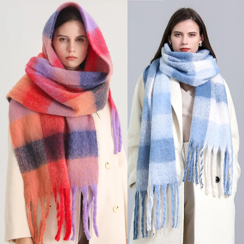 

European and American fashion women's scarf in winter imitation cashmere thickened warm shawl rainbow plaid splicing tassel