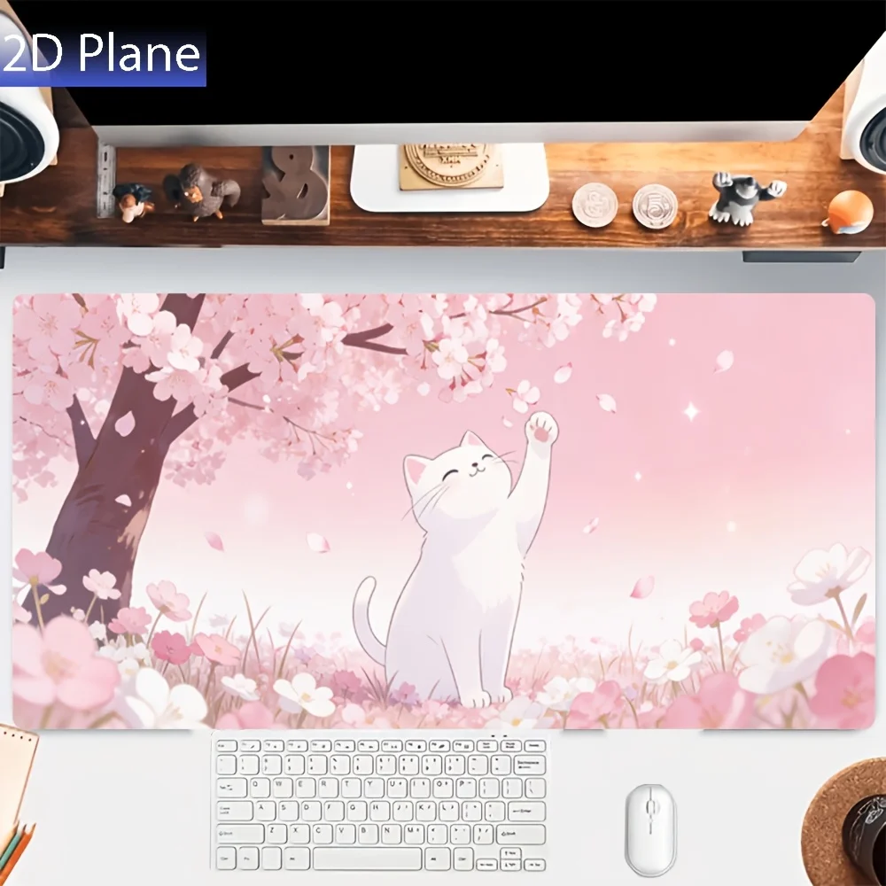 Kawaii Cherry Blossom Cat Gaming Mouse Pad,Non-Slip Office Desk Mat,White Cat in Pink Sakura Garden,Water-Resistant Keyboard Pad
