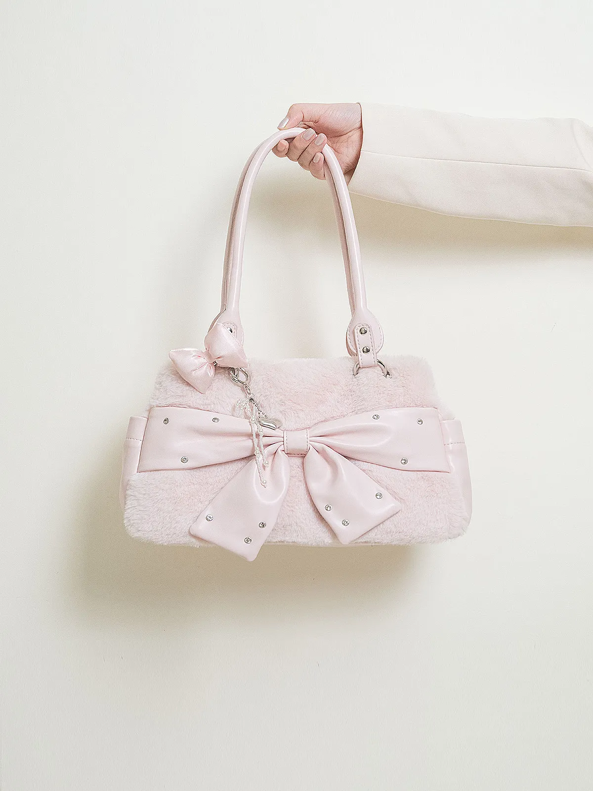 Cute Versatile Tote Bag Vintage Autumn and Winter Plush Bow Sweet Flash Diamond Pink Shoulder Bags for Women's Messenger Bag