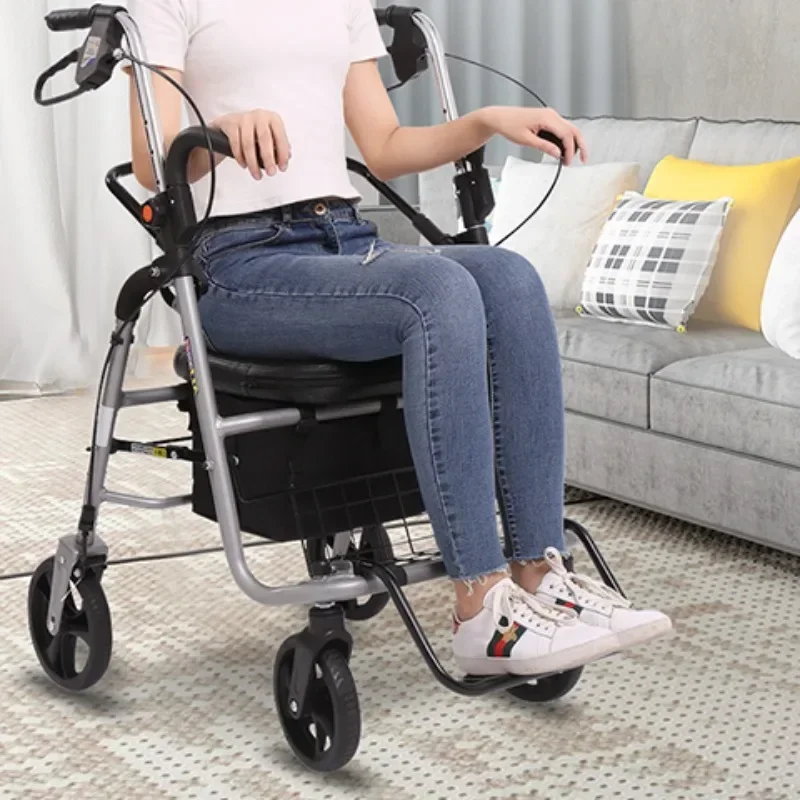 Elderly Walkers Assistant with Seat Crutch Hand-pushed Walking Aids Anti-fall Rollator Walker for Seniors Trolley Shopping Carts