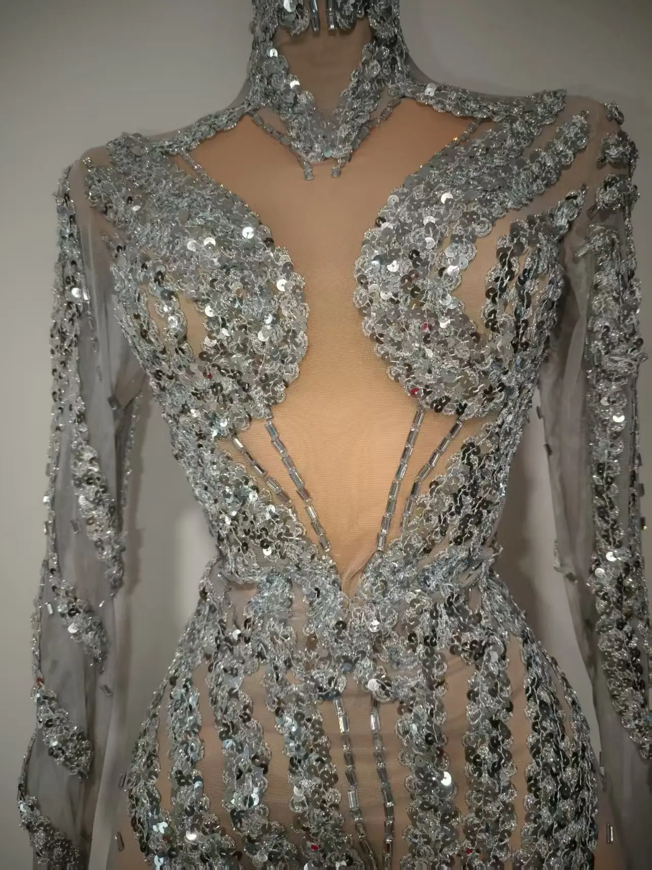 مثير المرأة نادي عرض الفضة الترتر شبكة فساتين صغيرة ضمادة فستان أزعج ليلة حفلة الزي سحب الملكة أداء ارتداء Feixiang