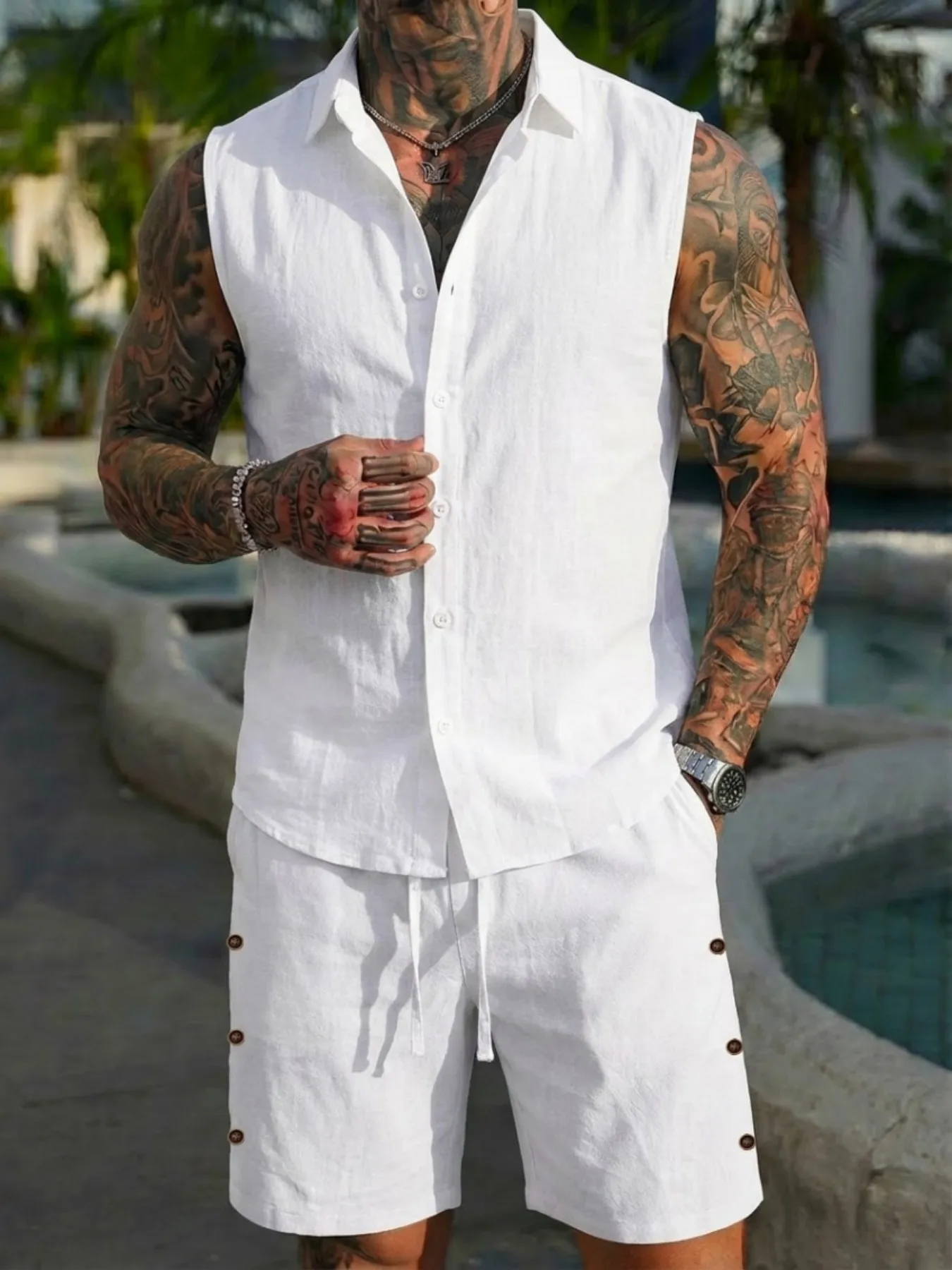 

Fashion Men Solid Linen Sleeveless Tank Top Shirt Shorts Set Summer Casual Beach Outfit Breathable Loose Two Piece Tracksuit