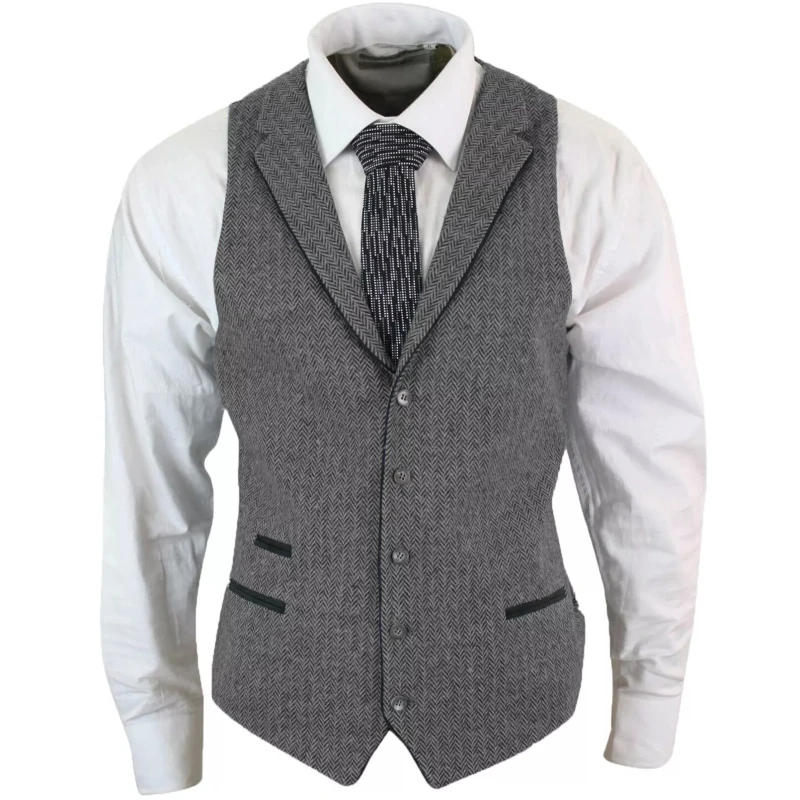 

Herringbone Men Vest Gray With Pocket Tweed Slim Casual Waistcoat Sleeveless Jacket For Wedding Party Banquet Prom Set