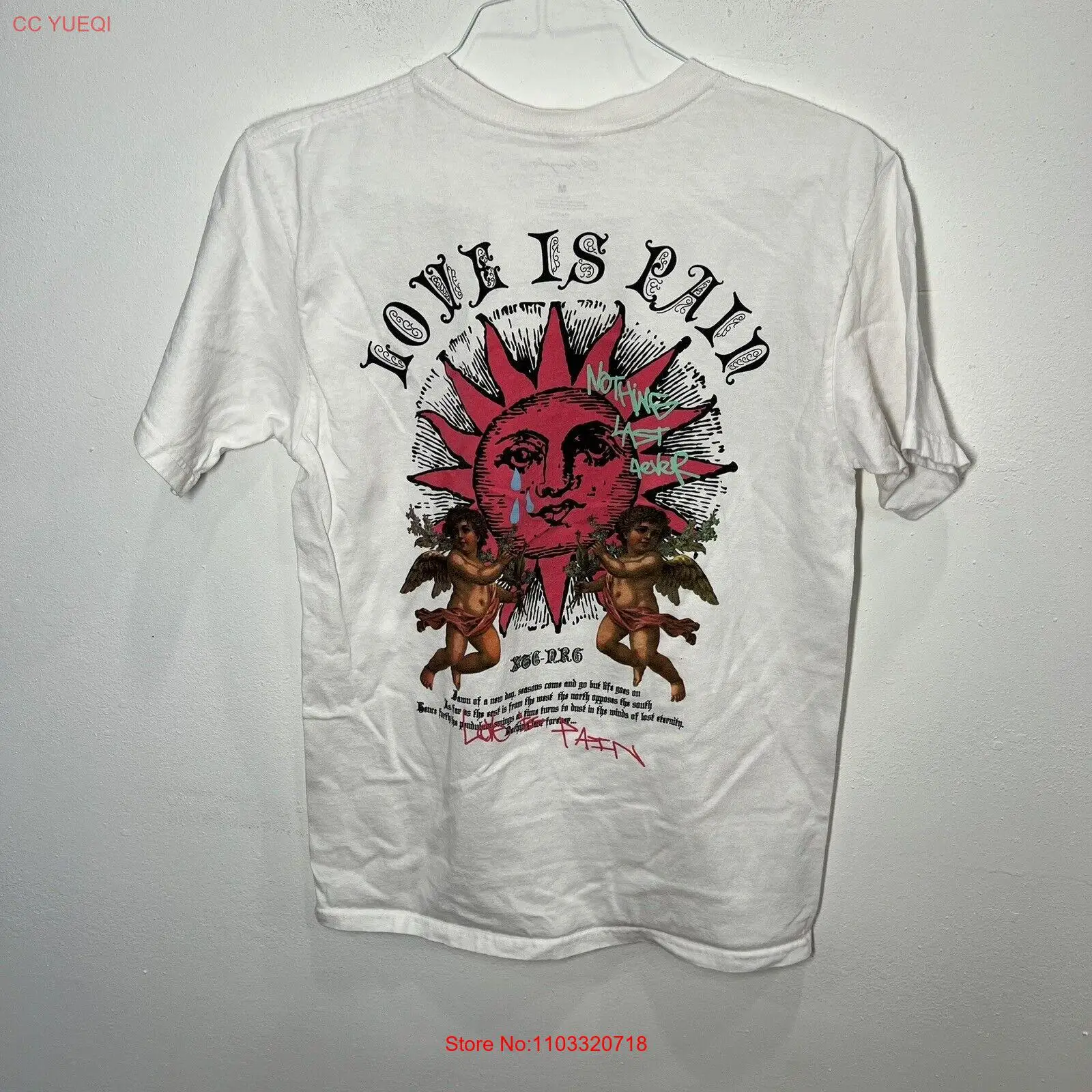 Мужская футболка CV Los Angeles среднего белого цвета с рисунком Love Is Pain Angels EUC Мужская футболка CV Los Angeles среднего белого цвета с рисунком Love Is Pain Angels EUC