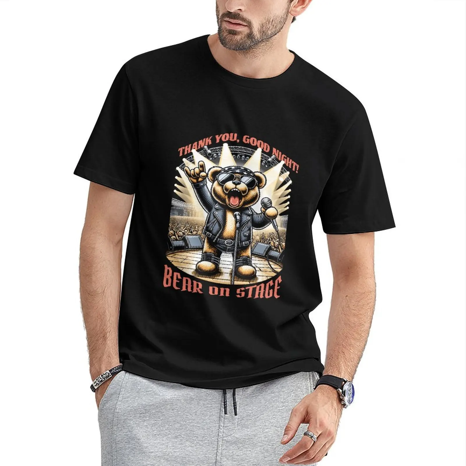 Unisex Bear Singer Graphic T Shirt Funny Cartoon Bear Print Black Tee Y2K Streetwear Vintage Casual Short Sleeve Top Harajuku Aesthetic Fashion