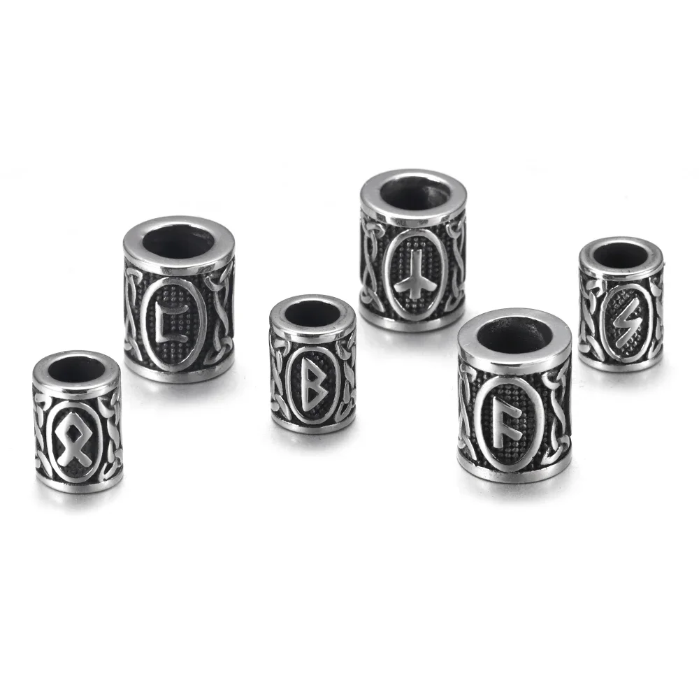 24pcs Stainless Steel Viking Rune Beads for Hair Beards Large Hole 6mm 8mm Elder Futhark Jewelry Bracelet Making DIY Supplies