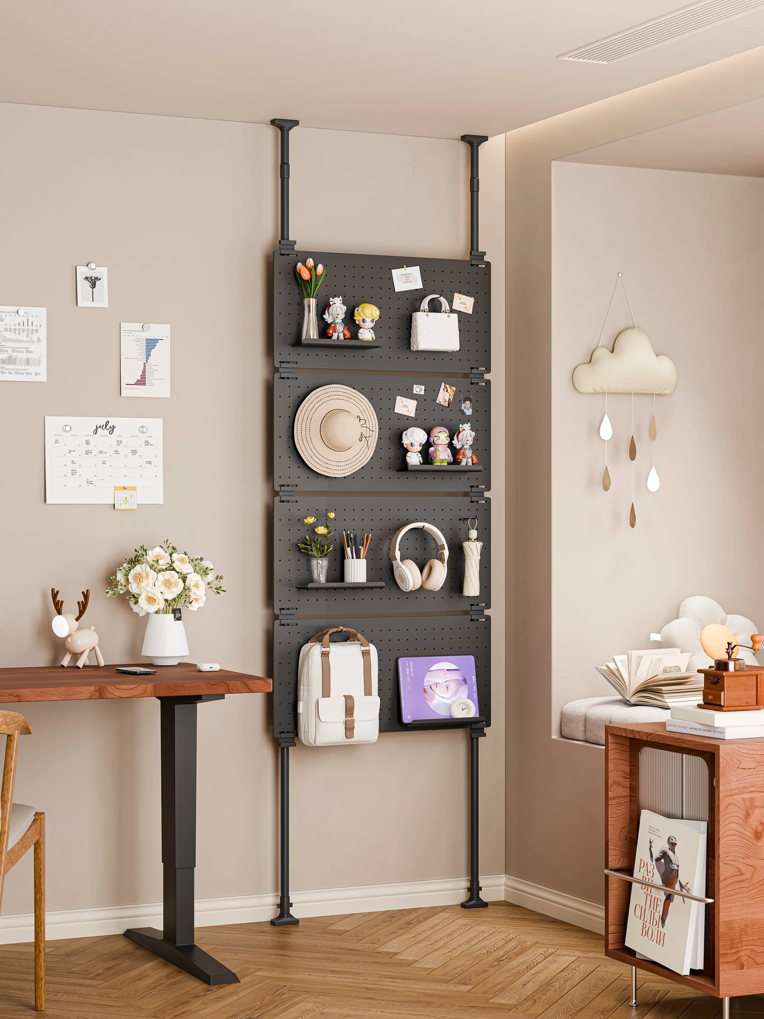 Next to the desk, the hole board shelf modeling wall is upright, and the multi-layer storage book ornament study display shelf