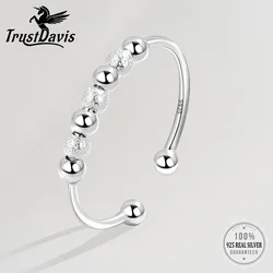 TrustDavis Real 925 Sterling Silver Fashion Minimalist Rotating Beads Opening Rings For Women Party Fine Jewelry Gift DG0099