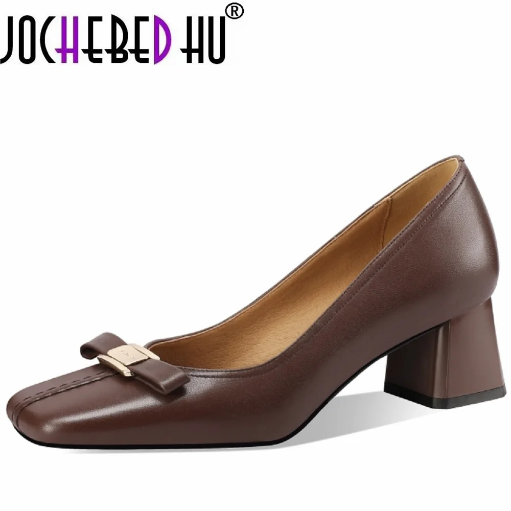 

【JOCHEBED HU】New Women Genuine Leather Square Toe Shallow Loafers Shoes for Women Butterfly-knot Retro Ladies Mid Heels 33-43