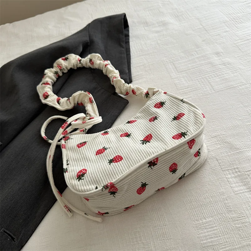 Women Small Underarm Bag Corduroy Handbag Cute Strawberry Print Little Tote Half Moon Design Eco Cloth Purse Mini Shoulder Bags