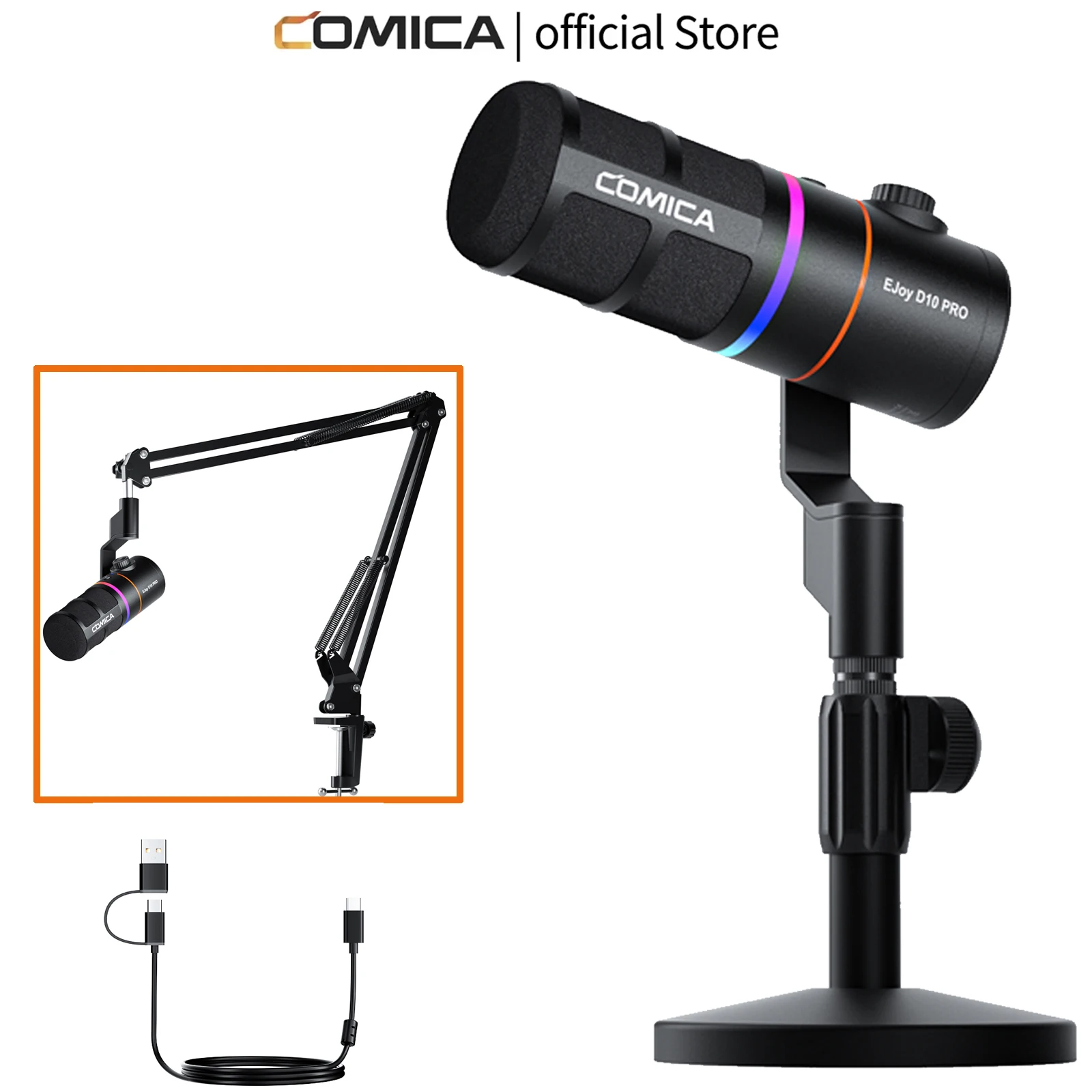 

Comica D10 RGB кардиоидный USB/XLR динамический проводной микрофон настольный игровой микрофон с шумоподавлением для потоковой передачи интервью