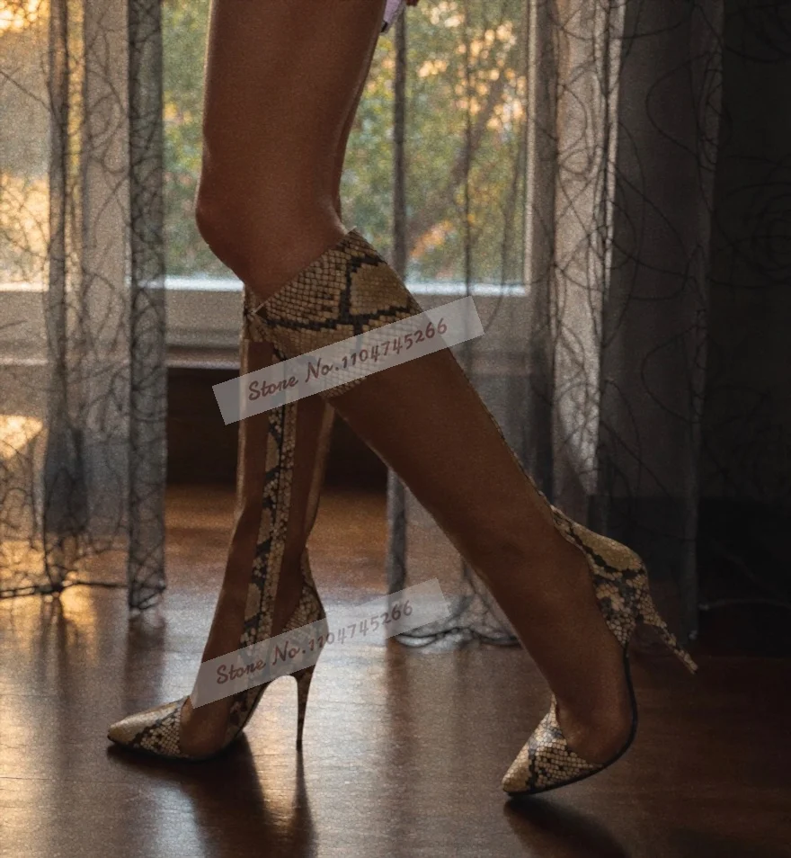 Snake Print Pointed Toe Knee High Boots Stiletto Heel Black Mesh Patchwork Party Tall Boots Network Mtached Pointed toe Shoes