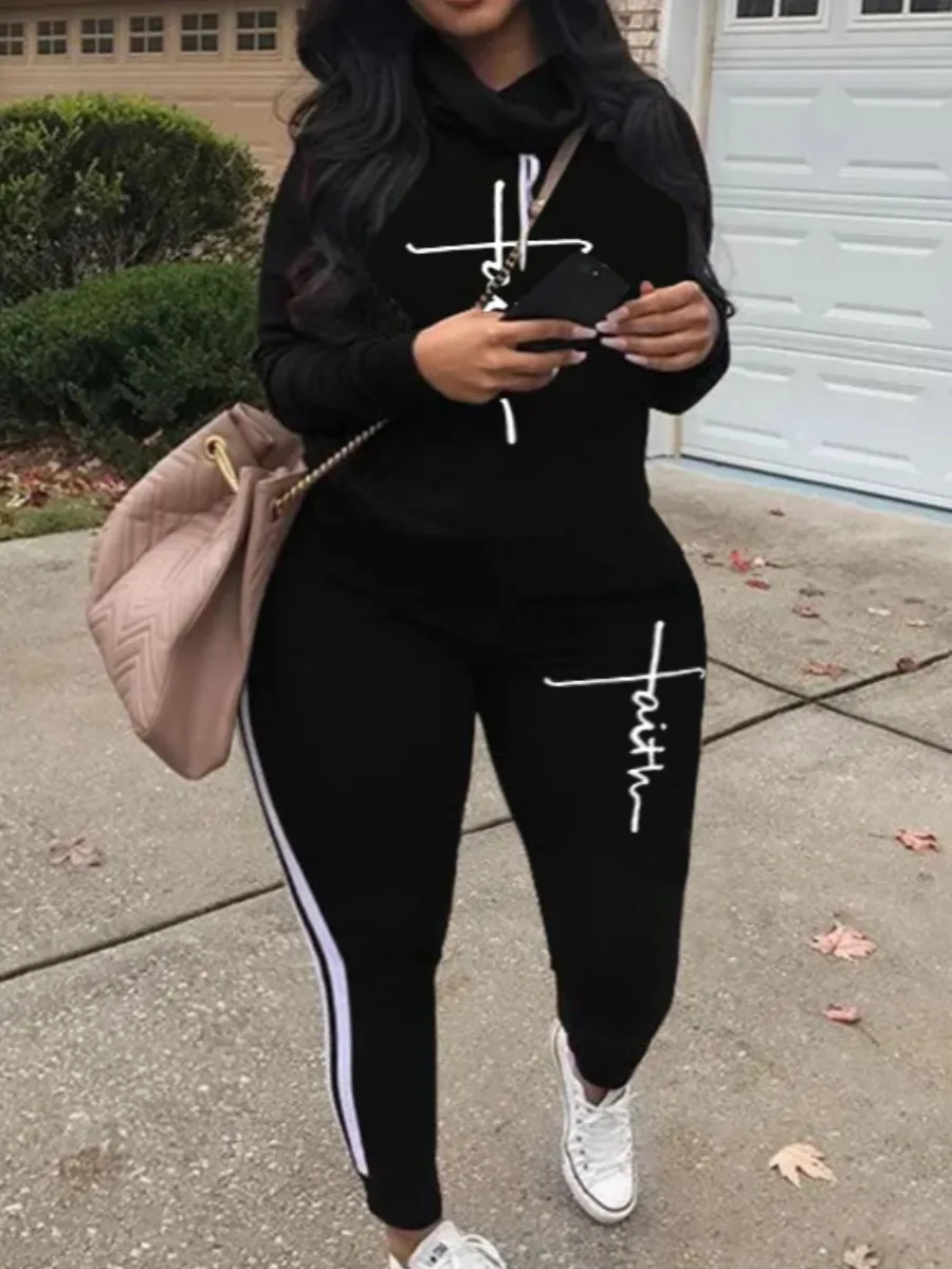 LW Plus Size Tracksuit Sets Drawstring Letter Striped Set Womens 2 Piece Sweatsuits Hoodie & Sweatpants Jogging Suits Outfits