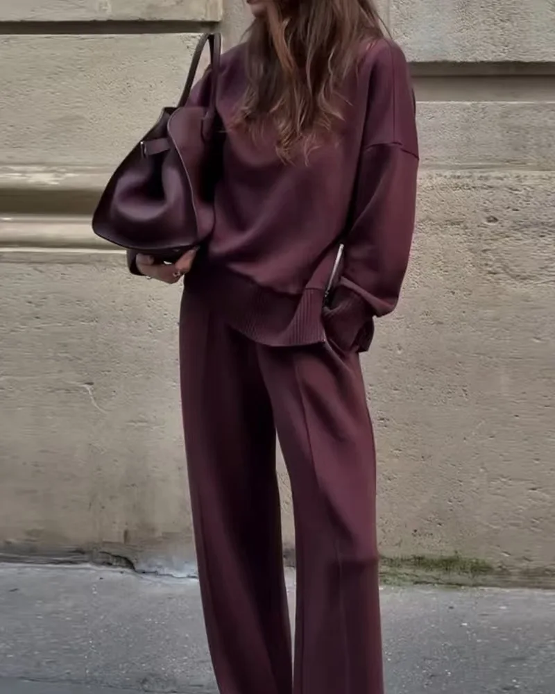 

2026 New Fashionable Knitted Sweater + Wide Leg Pants Two-piece Sets Women Spring Casual Loose Top And Pants Suit For Women