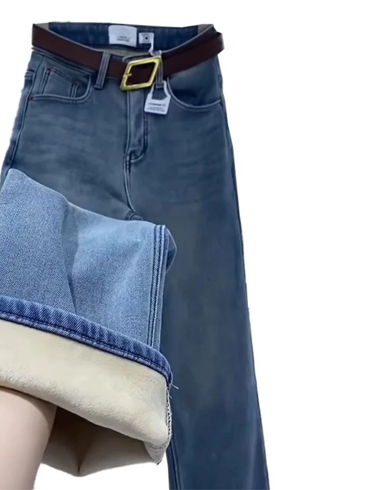 Damskie jeansy Thiened Fce z wysokim stanem i szerokimi nogawkami, zimowe, nowe, plus size, luźny krój, proste spodnie dżinsowe.