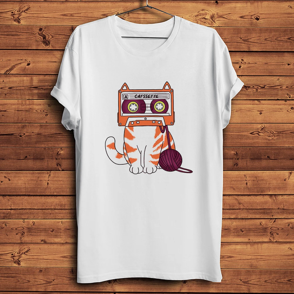 Nostalgia Cassette Tape Cat Funny Meow Joke Tshirt,White Casual Short Sleeve T-Shirt Unisex Tee,No-cracking Breathable Printing
