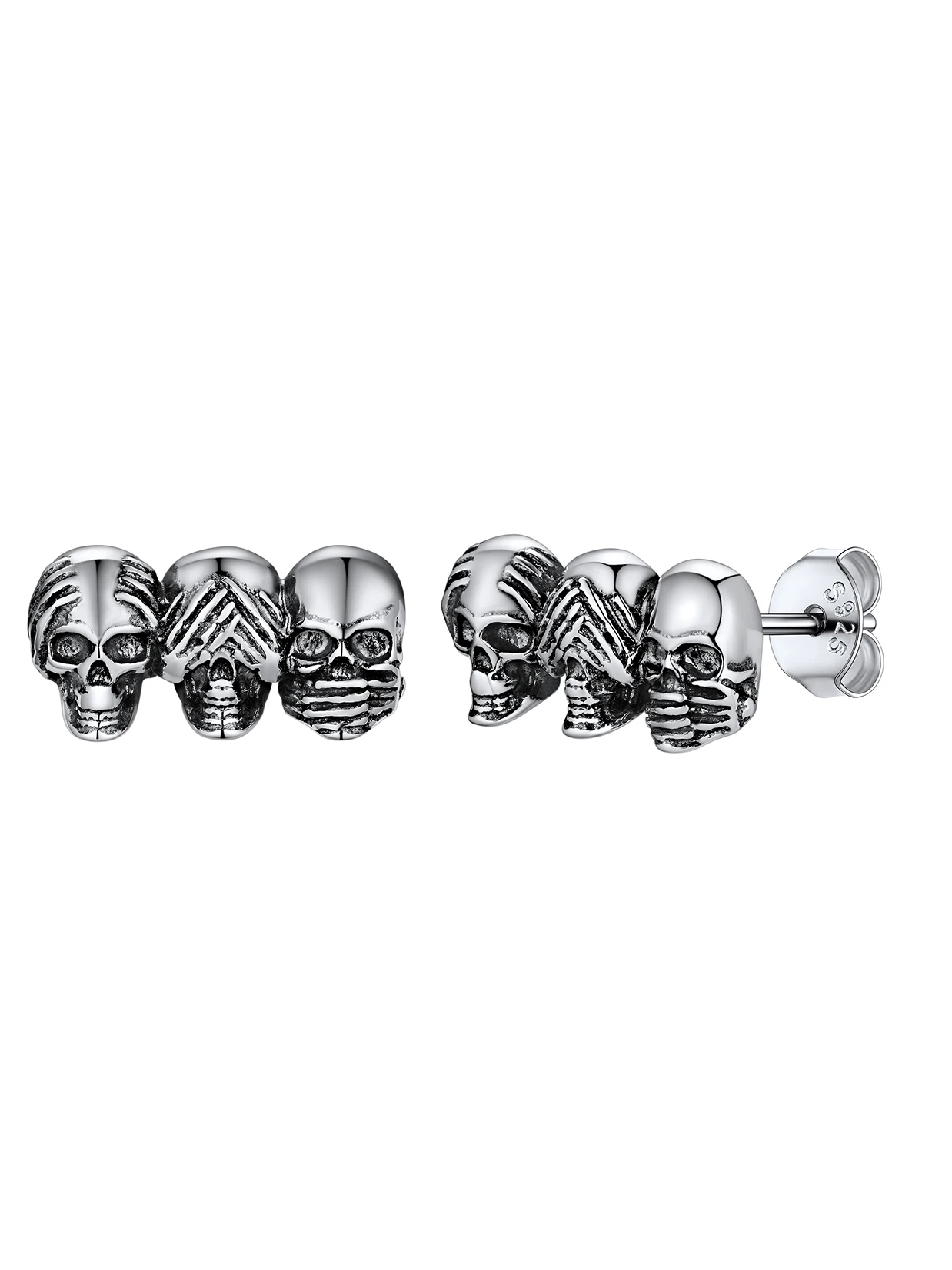 

U7 925 Silver See No Evil Hear No Evil Speak No Evil Head Skeleton Skull Stud Earrings Wisdom Gothic Halloween Jewelry Gifts