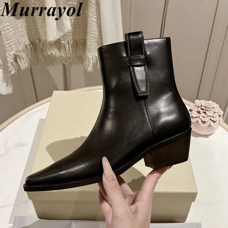 Short Boots Real Leather Pointed Toe Chunky High Heel Chelsea Booties Autumn Winter Side Zipper Design Office Commute Shoes