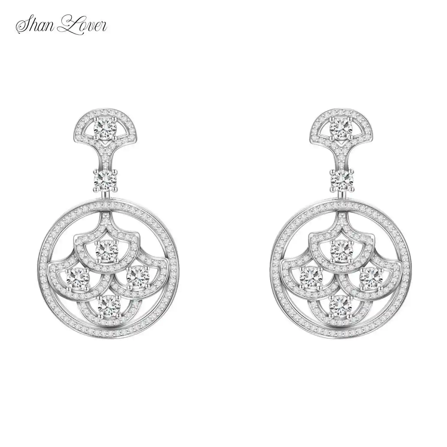 

ShanLover Brand AAAAA Grade MST Top Grade 925 Sterling Silver Full Diamond Hollow Fan Shaped Zircon Earrings Luxury Jewelry