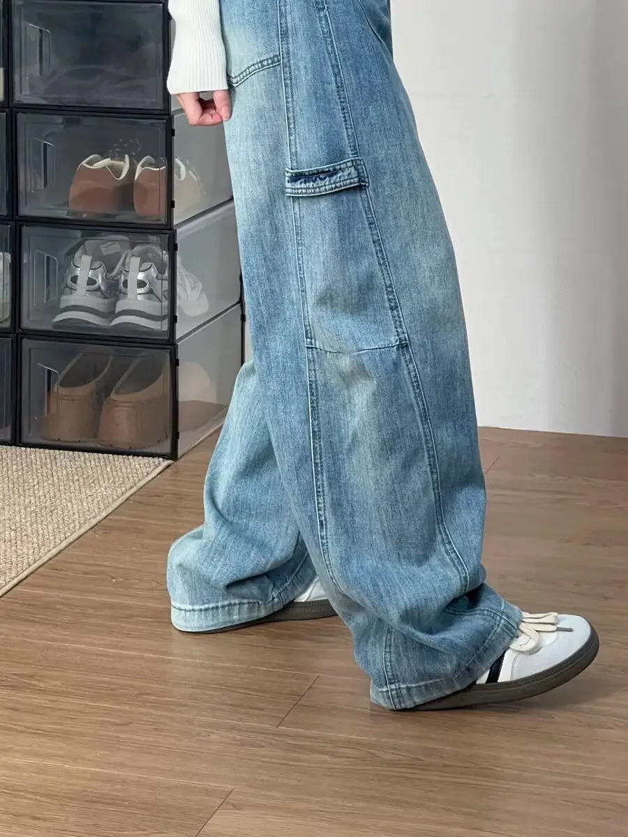 Amerykańskie retro szerokie jeansy robocze damskie luźne z wysokim stanem proste nogawki długie spodnie wiosna jesień duży rozmiar designerskie...