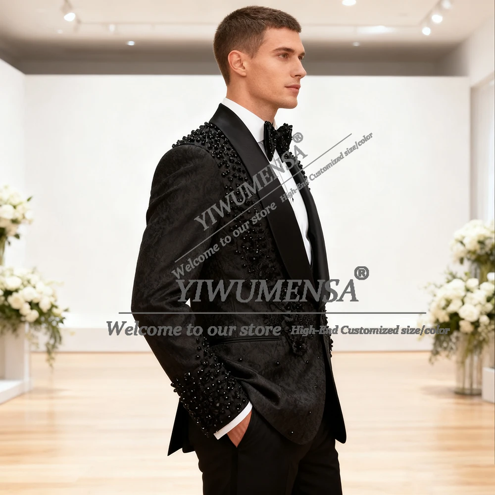

Роскошный костюм с цветочным узором для мужчин, шаль, этикетка, жемчуг, аппликации, блейзер для выпускного вечера, индивидуальный комплект из двух предметов, мужские смокинги для банкета и жениха