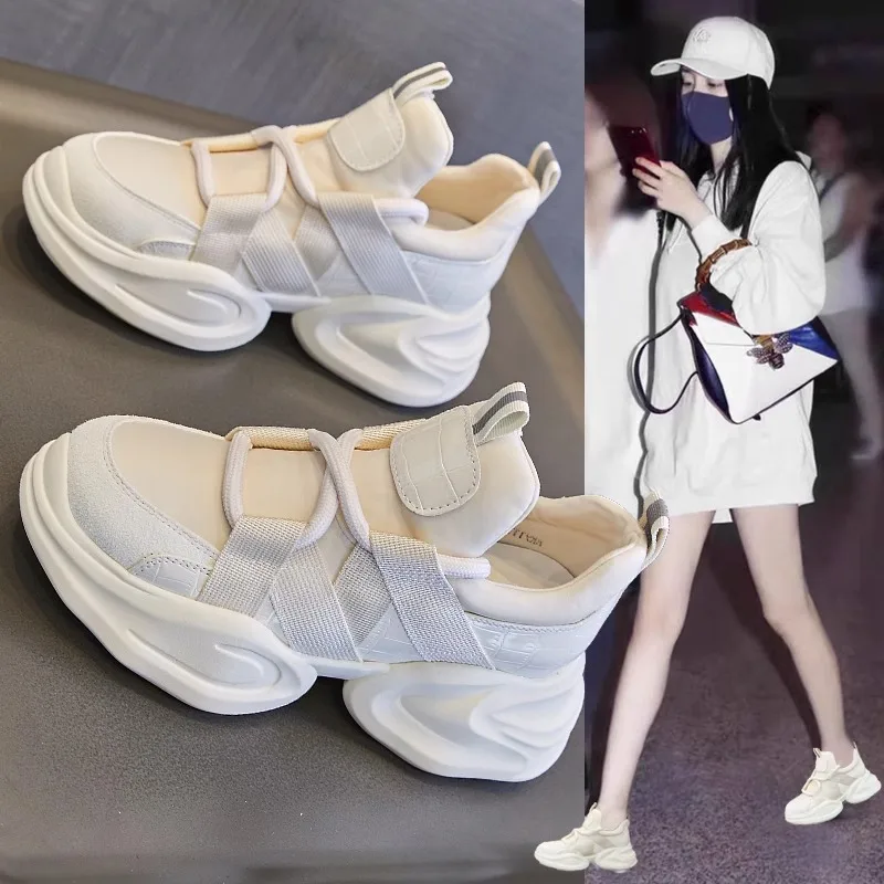 Breathable Thick Platform Causal Shoes Women's New Soft Soles Internal Height Increasing Sports Footwears Chunky Sneakers Ladies